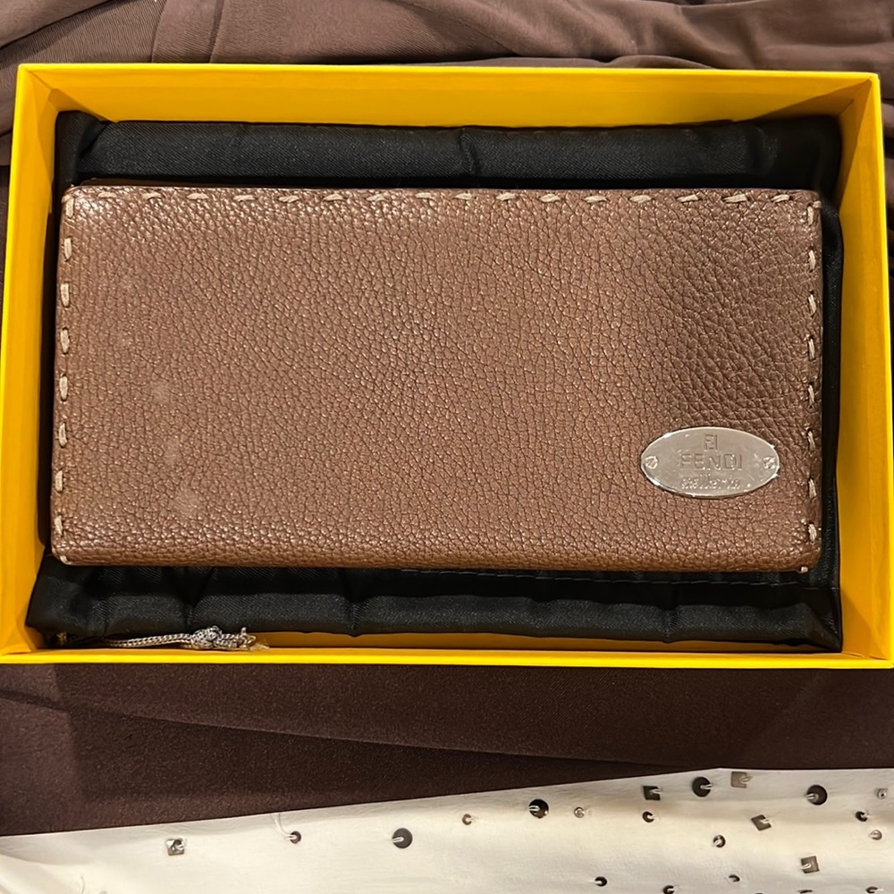 FENDI Long wallet metallic brown leather with grey stitching and silver hardware